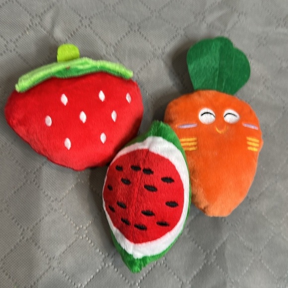 Vibrant Plush Dog Toy Set - Small to Medium Dog Watermelon, Strawberry, Carrot - Picture 4 of 4